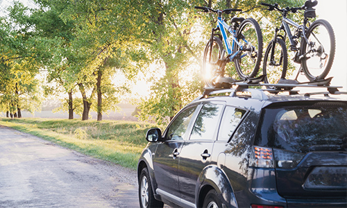 Bicycles mounted on top of a car on a sunny road, with trees along the side - https://www.connollykroonandcompany.com/