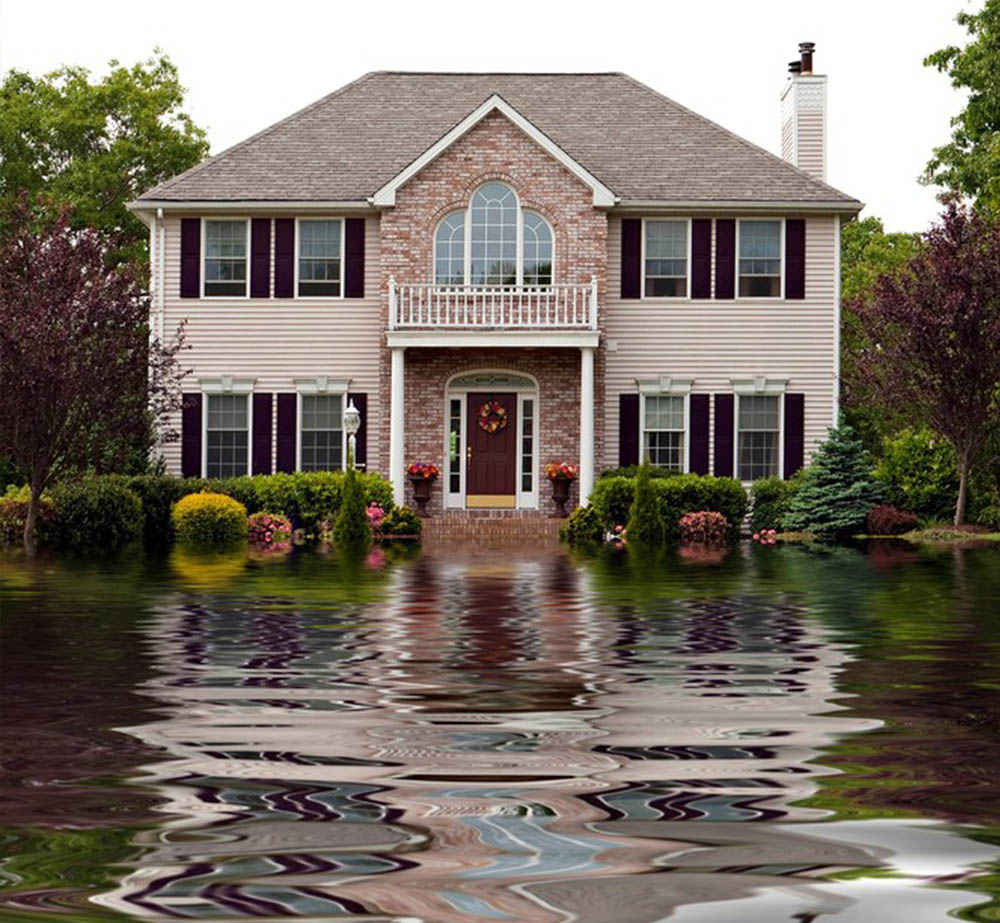 House,With,Flood,Damage,Concept,With,Water,Reflections.