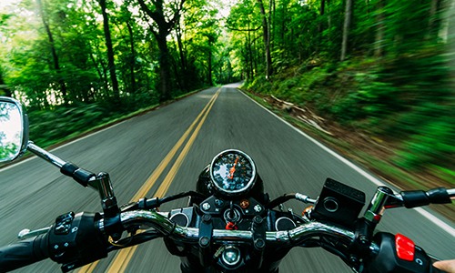 First-person view of a motorcycle riding down a tree-lined road - https://www.connollykroonandcompany.com/